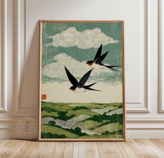 Swallow Bird Poster Print - Vintage Countryside Landscape Wall Art Woodcut Style Nature Illustration - image 1