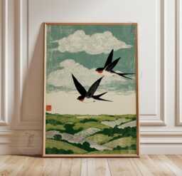 Swallow Bird Poster Print - Vintage Countryside Landscape Wall Art Woodcut Style Nature Illustration - thumbnail 1