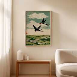 Swallow Bird Poster Print - Vintage Countryside Landscape Wall Art Woodcut Style Nature Illustration - thumbnail 3