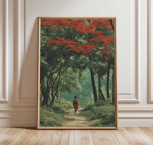 Forest Path Poster, Japanese Style Print, Red Maple Tree Wall Art, Nature Landscape Decor - image 1