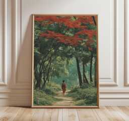 Forest Path Poster, Japanese Style Print, Red Maple Tree Wall Art, Nature Landscape Decor - thumbnail 1
