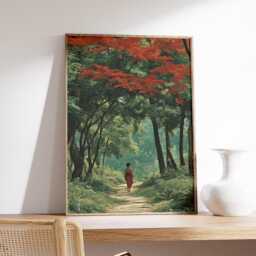 Forest Path Poster, Japanese Style Print, Red Maple Tree Wall Art, Nature Landscape Decor - thumbnail 2