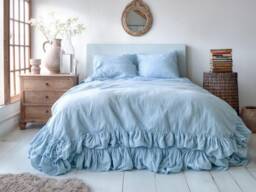 Ice Double Ruffles Soft Linen Bedding Set King Queen Duvet Cover 2 Pillowcases Two Comforter With Zipper - thumbnail 1