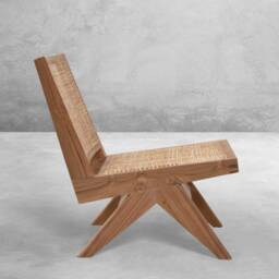 Handmade Pierre Jeanneret Inspired Armless Easy Chair With Reclaimed Teakwood & Rattan Caning - thumbnail 4