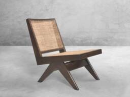 Handmade Pierre Jeanneret Inspired Armless Easy Chair With Reclaimed Teakwood & Rattan Caning