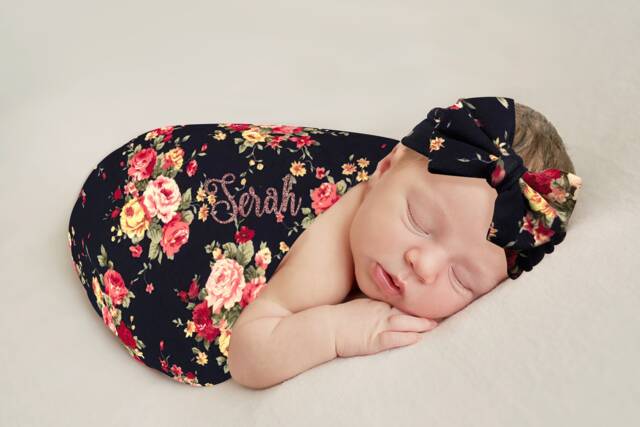 Personalized Baby Swaddle Blanket & Headband Set, Navy Floral - image 1