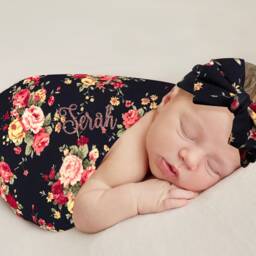 Personalized Baby Swaddle Blanket & Headband Set, Navy Floral - thumbnail 4