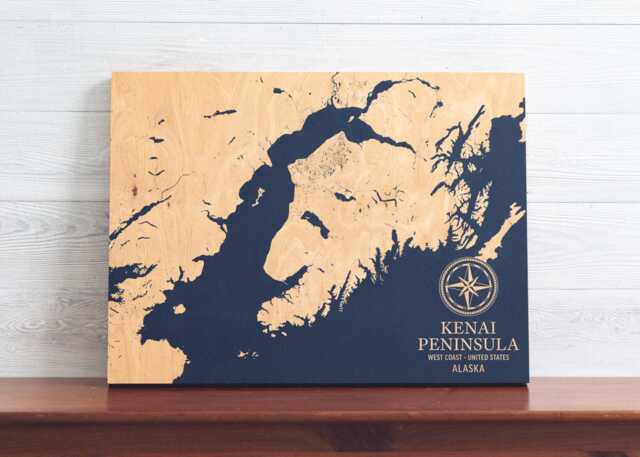 Kenai Peninsula, Alaska Map - Engraved Wood Coastal Art Sign, Beach House Decor Wall Hanging, Nautical Life Print, Unique Personalized Gift - image 1
