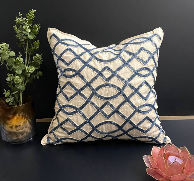 Decorative Pillow, 18x18 Inch, Contemporary Beaded Throw Beige Blue Pure Cotton - image 1