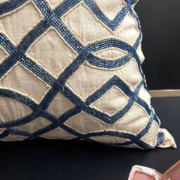 Decorative Pillow, 18x18 Inch, Contemporary Beaded Throw Beige Blue Pure Cotton - thumbnail 3