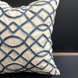 Decorative Pillow, 18x18 Inch, Contemporary Beaded Throw Beige Blue Pure Cotton - thumbnail 2