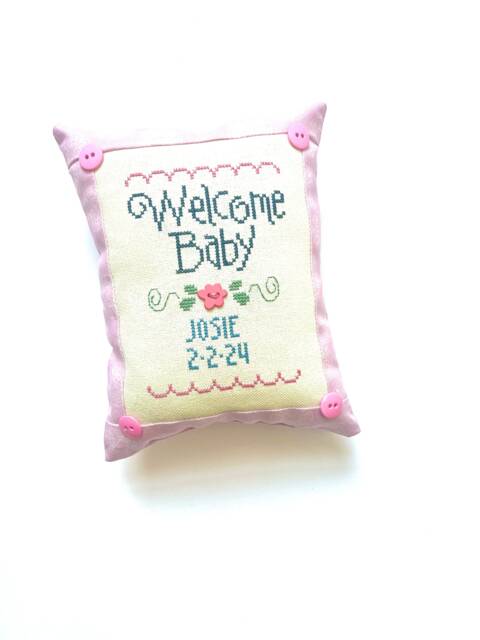 Pink Baby Girl Birth Announcement Pillow, Name, Date, Cross Stitch, Gift - image 1