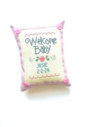 Pink Baby Girl Birth Announcement Pillow, Name, Date, Cross Stitch, Gift - thumbnail 1