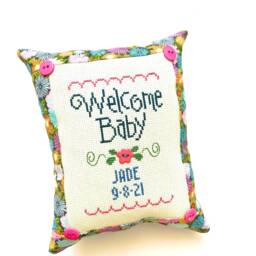 Pink Baby Girl Birth Announcement Pillow, Name, Date, Cross Stitch, Gift - thumbnail 2