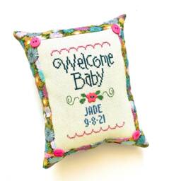 Pink Baby Girl Birth Announcement Pillow, Name, Date, Cross Stitch, Gift - thumbnail 4