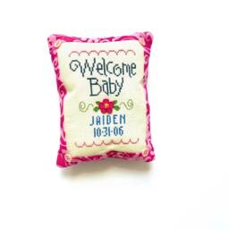 Pink Baby Girl Birth Announcement Pillow, Name, Date, Cross Stitch, Gift - thumbnail 3