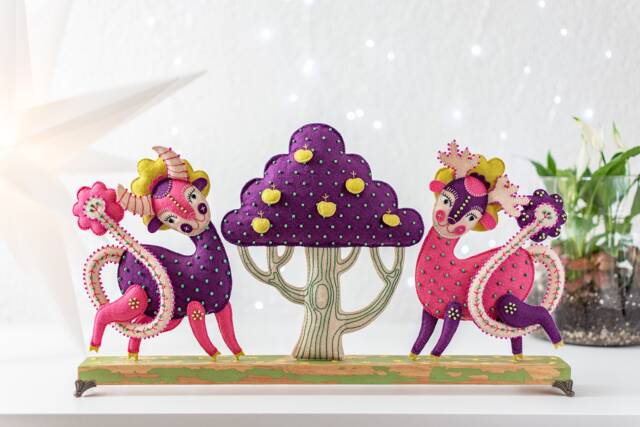 Textile Deer & Goat Sculpture Fairy Forest Scene Tabletop Art - image 1