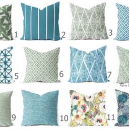 Outdoor Pillows Or Indoor Custom Cover - Blue Teal Peacock Green Sage Palm Designer Modern Multiple Sizes 18 X 18, 16X16, 20X20 - thumbnail 2