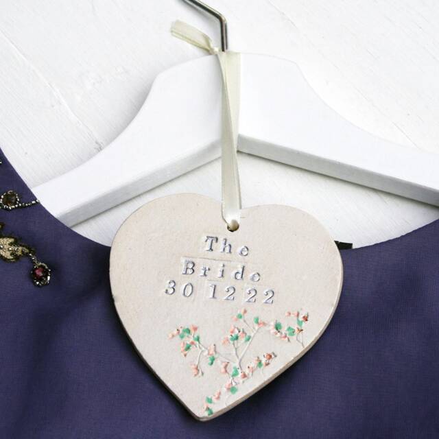 The Bride Floral Hanging Heart, Personalised Ceramic Hanign Decoration For Bride, Wedding Day Gifts Her - image 1