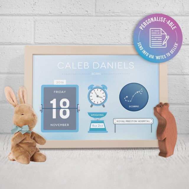 Personalised Print - Homemade Wall Art Cute Baby Boy Birth Announcement Starsign Zodiac Newborn Gift Customisable - image 1