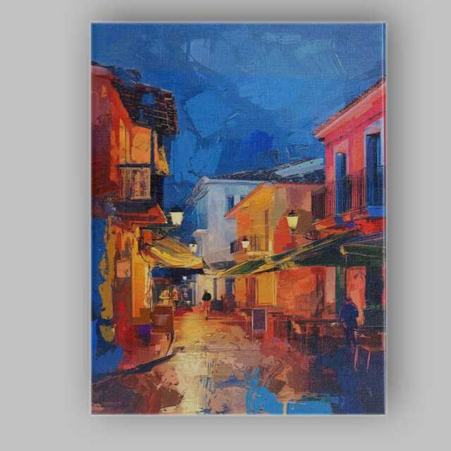 Vibrant Mediterranean Old Town Night Street Impasto Cityscape Canvas Wall Art Print Decor Picture Ready To Hang - image 1