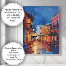Vibrant Mediterranean Old Town Night Street Impasto Cityscape Canvas Wall Art Print Decor Picture Ready To Hang - thumbnail 3