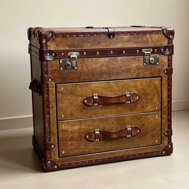 Leather Trunk Table Campaign Chest Storage Solution Bedroom Nightstand Side Furniture Living Room Decor Accent Coffee Bespoke - image 1