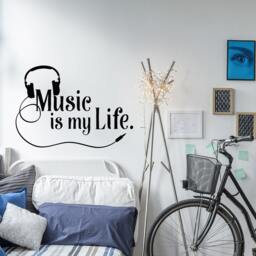 Music Is My Life Wall Decal Headphones Heartbeat Vinyl Sticker, Studio Decor #134 - thumbnail 1