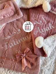 Arabic & English Name Personalised New Baby Blanket Aqiqah Eid Gift Keepsake Child Cable Knit Wrap Turkish Embroidered Pom Bow