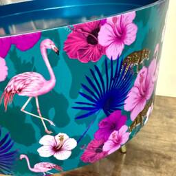 Pink & Teal Blue Tropical Side Table . Flamingo Leopard Print Nightstand , Bedside Flamingo Cheetah Design End - thumbnail 4