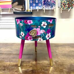 Pink & Teal Blue Tropical Side Table . Flamingo Leopard Print Nightstand , Bedside Flamingo Cheetah Design End