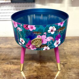 Pink & Teal Blue Tropical Side Table . Flamingo Leopard Print Nightstand , Bedside Flamingo Cheetah Design End - thumbnail 2