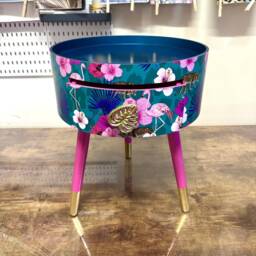 Pink & Teal Blue Tropical Side Table . Flamingo Leopard Print Nightstand , Bedside Flamingo Cheetah Design End - thumbnail 3