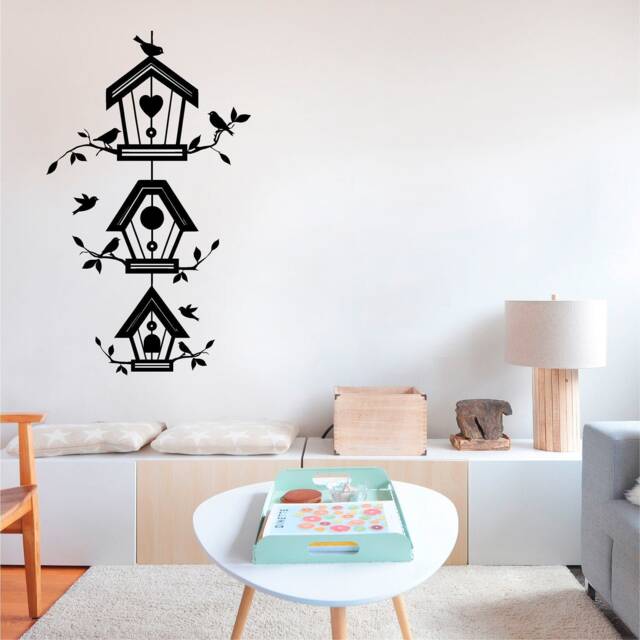 Three Bird Houses Vinyl Wall Art, Decal, Sticker, Transfer, Mural, Decor, Rent Friendly, Interior, Exterior, Full Removable, - 0268 - image 1