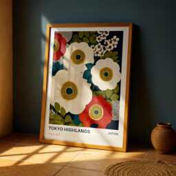 Tokyo Highlands Floral Art Print - Marimekko Inspired Japanese Poster, Japandi Botanical Wall Decor - thumbnail 1