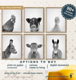 Farm Animals Print Black & White, Baby Shower Gift, Animal Canvas Wall Art, Barnyard Art Prints, Farmhouse Prints - thumbnail 1