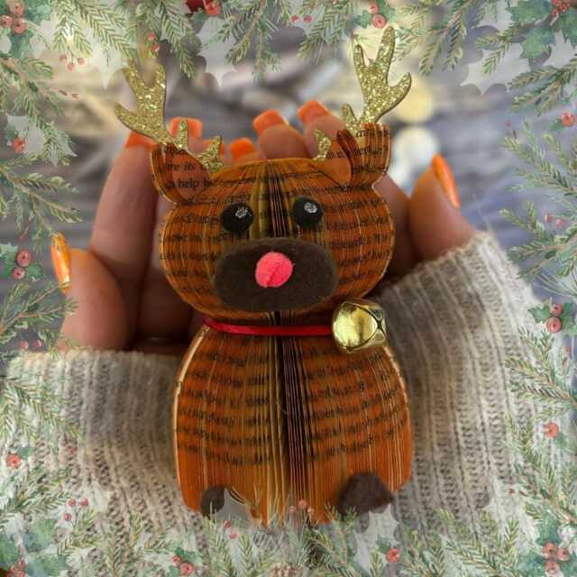 Rudolph Reindeer Ornament - Christmas Book Page Decoration Handmade With Bell - image 1