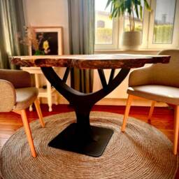 Round Dining Table Made Of Oak From A Tuber - Unique 100 120 cm Diameter Tree Edge Frame - thumbnail 4