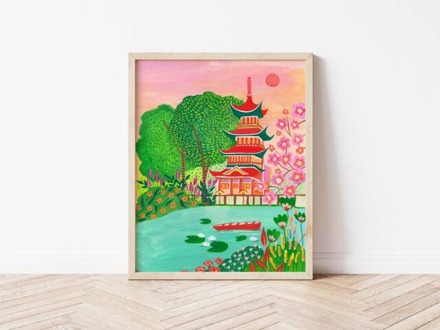 Japan Art Print, Travel Tokyo Japanese Temple Poster, Gift For Mew Home, Her, Christmas, Colorful - image 1