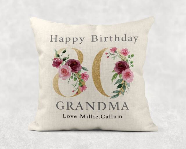 Personalised Floral 80Th Birthday Pillow Gold Number, Linen Style - image 1