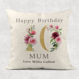Personalised Floral 80Th Birthday Pillow Gold Number, Linen Style - thumbnail 2