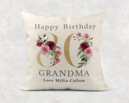 Personalised Floral 80Th Birthday Pillow Gold Number, Linen Style - thumbnail 1