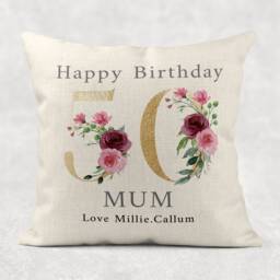 Personalised Floral 80Th Birthday Pillow Gold Number, Linen Style - thumbnail 3