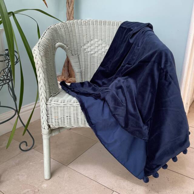 Luxury Velvet Throw, Blue Sofa Grey Bedroom Throws, Blankets, Pompom Home Gift - image 1