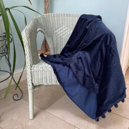 Luxury Velvet Throw, Blue Sofa Grey Bedroom Throws, Blankets, Pompom Home Gift - thumbnail 1