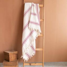 Soft Cotton Throw Blanket With Fringe, Summer Lightweight Bedspread, Red Striped - thumbnail 4