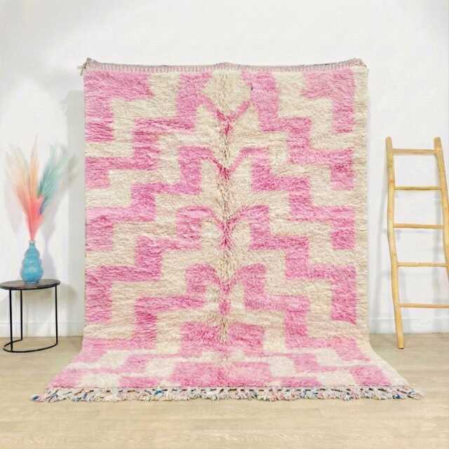Moroccan Pink Berber Rug, Handwoven Wool Shag Rug With Geometric Maze Pattern, Authentic Beni Ourain Style Carpet, Large 9x12 Area - image 1