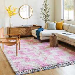 Moroccan Pink Berber Rug, Handwoven Wool Shag Rug With Geometric Maze Pattern, Authentic Beni Ourain Style Carpet, Large 9x12 Area - thumbnail 2
