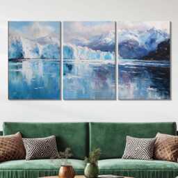 Patagonia Glacier 3 Panel Split Canvas Wall Art Cool Toned Mountain Landscape Scenic Ice Field Oil Painting Framed Home Decor - thumbnail 2