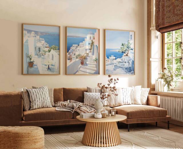 Set Of 3 Santorini Greece Travel Posters, Greek Island Art Prints, Print, Mediterranean Wall Art, Poster Decor - image 1
